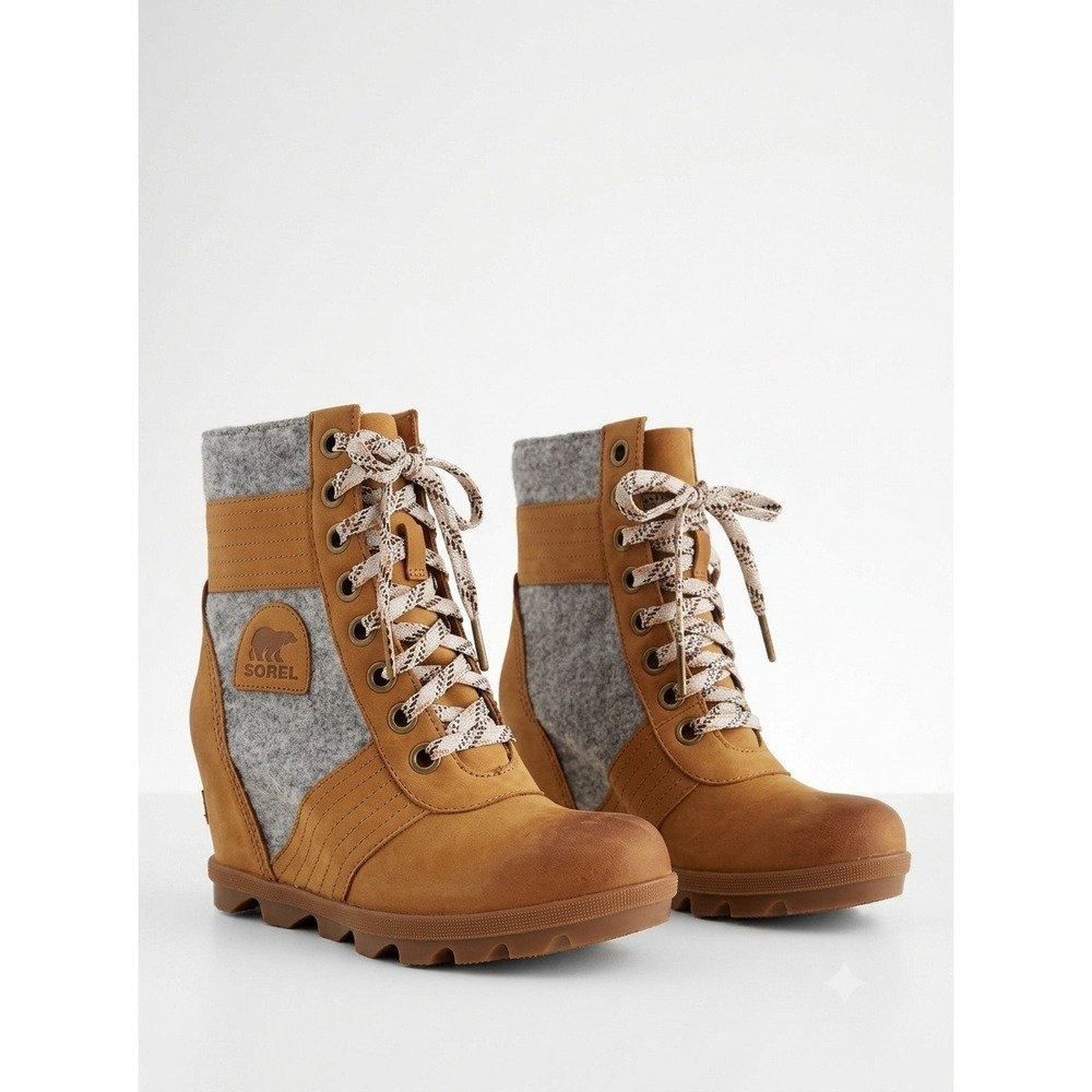 Sorel Kinetic Caribou Wedge Boots Camel Tan Grey Leather 8.5 Apres Ski Mountain